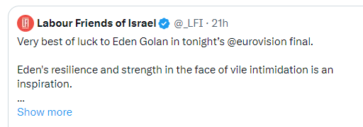 As Israel massacred more children in Gaza last night, the @UKLabour Party's openly zionist wing (more than one-third of its parliamentarians!) was recommending a vote for Eden Golan at Eurovision. #Nuremberg2 #Escalate4Gaza