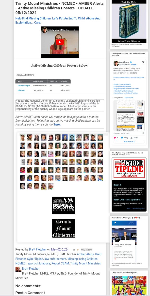 Trinity Mount Ministries - NCMEC - AMBER Alerts - Active Missing Children Posters - UPDATE - 05/12/2024

trinitymountministries.com/2024/05/trinit…

#TrinityMountMinistries #MissingChildren #NCMEC #AmberAlerts #CyberTipline #ReportChildAbuse #ReportCSAM #ChildSafety #OnlineSafety #BrettFletcher…