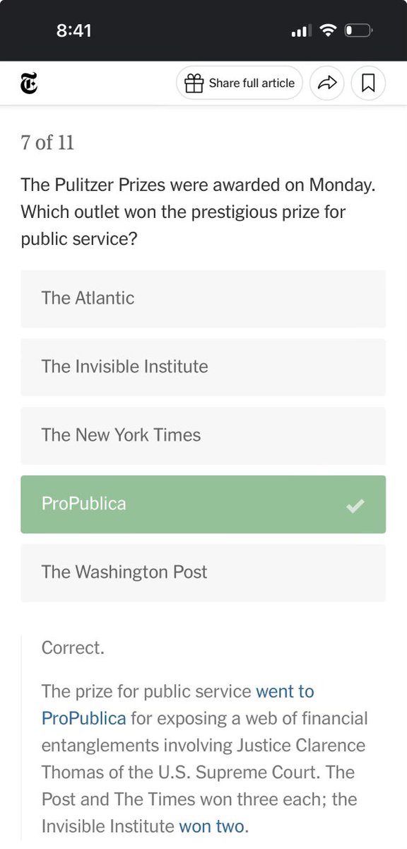 Kinda cool to be the **correct** answer to this question in the @nytimes news quiz. @propublica