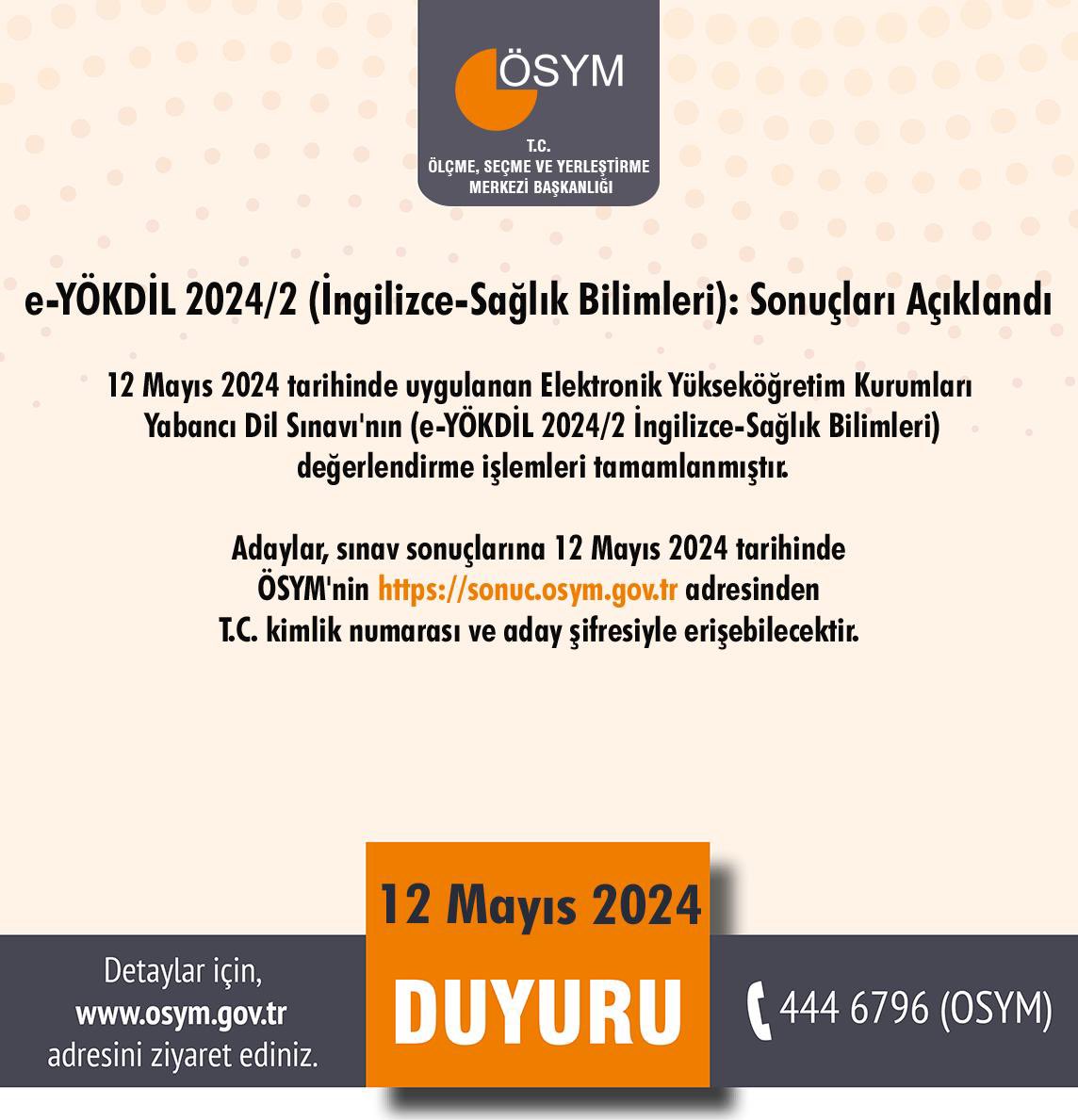 e-YÖKDİL 2024/2 (İngilizce-Sağlık Bilimleri): Sonuçları Açıklandı osym.gov.tr/TR,29383/e-yok…