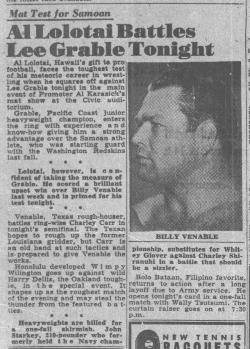 5/12/46 Honolulu Attendance 5,000! Lee Grable beat Al Lolotai, Billy Venable beat Charley Carr, Wimpy Willington beat Harry Dellis dq, Charley Shiranuhi beat John Starkey, Bolo Bataan drew Wally Tsutsumi.