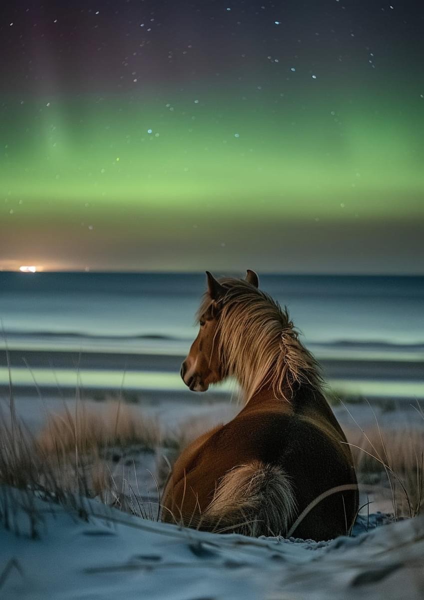 Good Night 🌉💤 Those northern lights and wild horse on NC beach