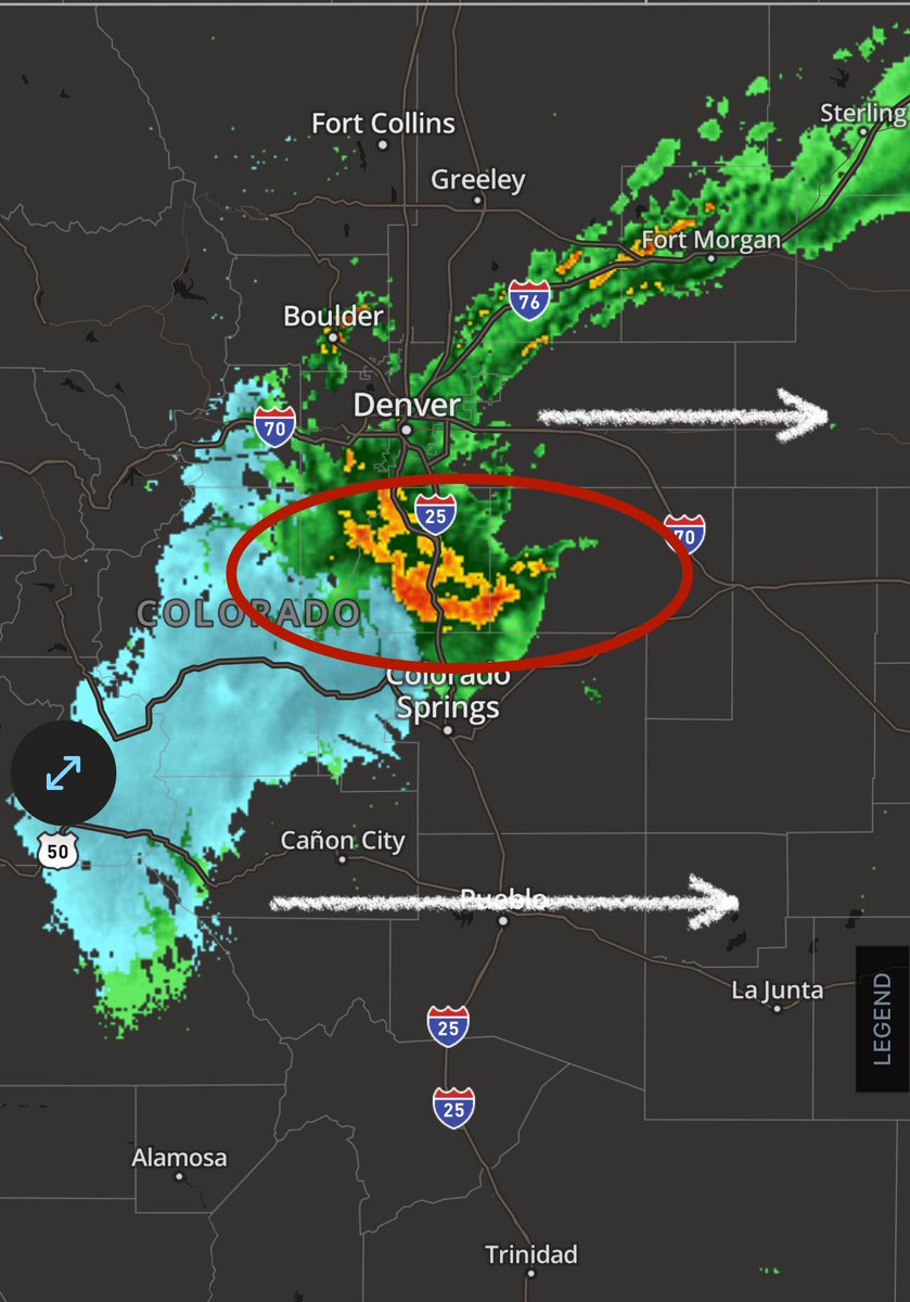 As the deformation zone moves off to the east this mernin, portions of El Paso, Douglas, and Elbert County could see rain change over to heavy wet snurfall for awhile! 

I can’t rule out a quick few inches of accumulation on grassy surfaces. #COwx #Rain #Snow