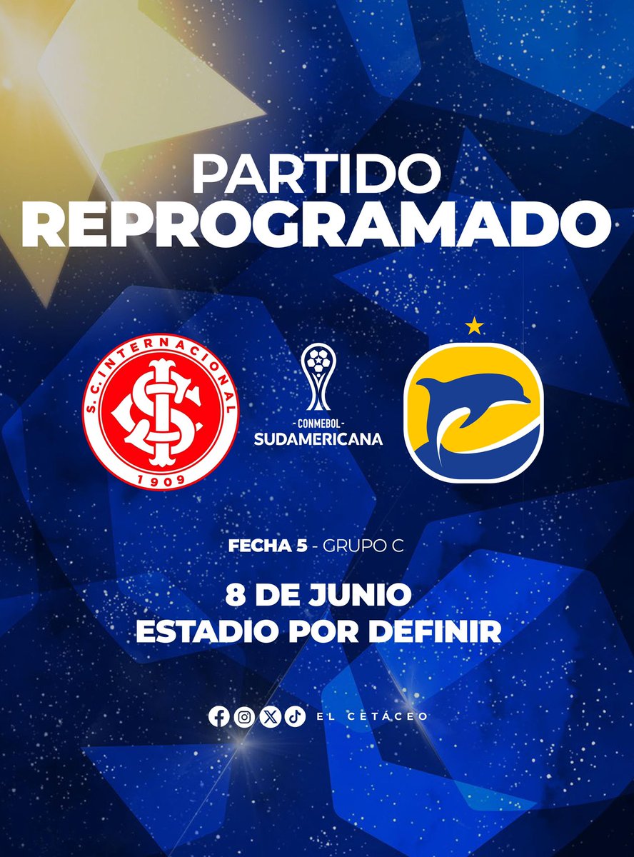 ¡ATENCIÓN!🚨🐬

Conmebol ha definido el día en el que se jugará el partido ante @SCInternacional había sido suspendido por el estado de emergencia que rige en Porto Alegre.

¡Vamos el cetáceo!💪🏻💛💙

#ElOrgulloDeManabí #PortoAlegre #Brasil #Manta #Delfín #ConmebolSudamericana