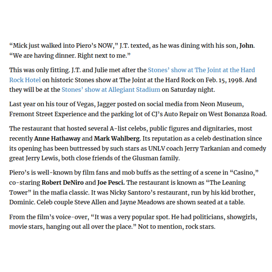 'What an honor! Thank you Mick Jagger for dining with us and trying one of our staples here at Piero’s, our delicious agnolotti. And thank you Las Vegas Review-Journal for the amazing article.' - Piero's Italian Cuisine, #LasVegas #ItaliansDoesItBetter #MickJagger #food