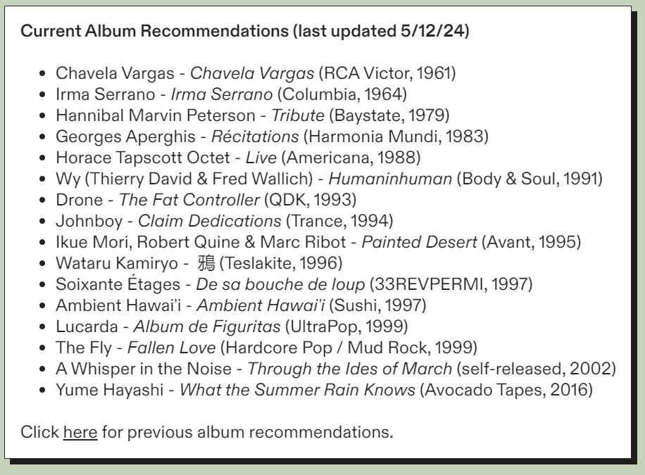Updated my site with some new album recs. Tweeted about all these in the past month and wanted to write them down for posterity. Haven't mentioned the Hannibal Marvin Peterson LP though—Diedre Murray's cello on that is so beautiful.

all this and more at joshuaminsoo.kim