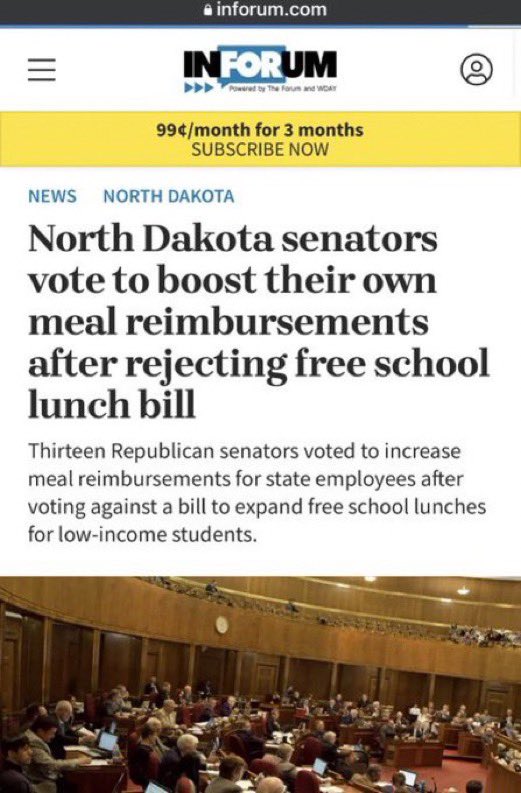 North Dakota Republicans: 1. Voted against providing free school lunch for children. 2. And then voted for boosting their own meal reimbursements.