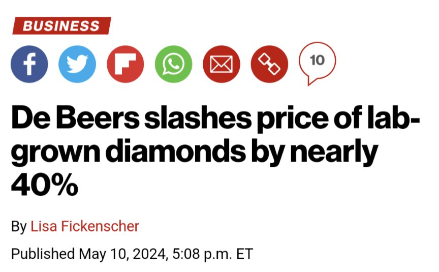 Geez, De Beers slashes lab grown diamonds by up to 40%

'The man-made gems, which have gained in popularity with frugal diamond buyers, were reduced in price to $500 a carat from $800 — a 37% discount.'

This is really only the beginning.