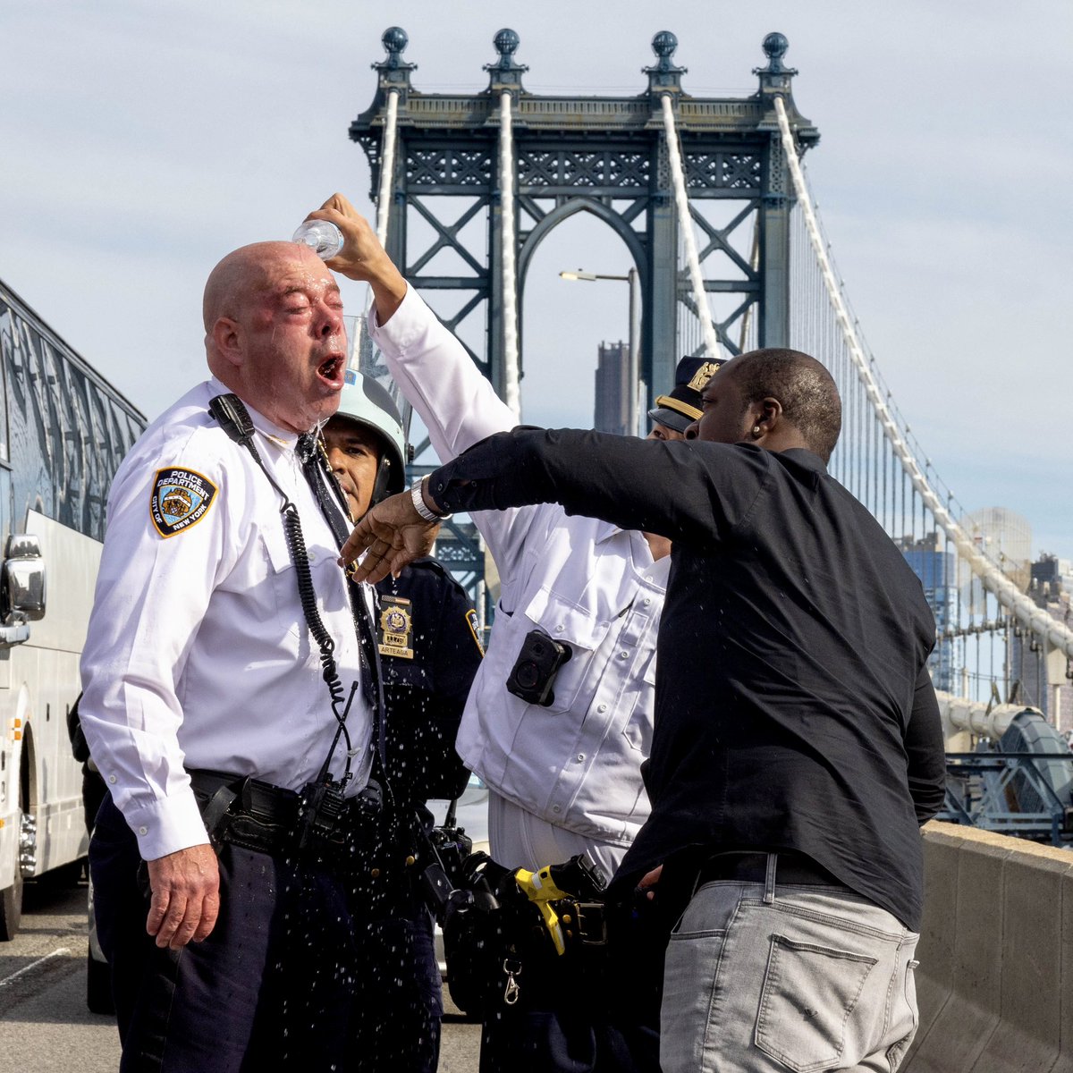 NYPD Assistant Chief James McCarthy is assisted after being affected by a chemical irritant. Video of the incident appears to show McCarthy deploy his pepper spray - possibly injuring himself. May 11, 2024 in New York City. For @gettyimages