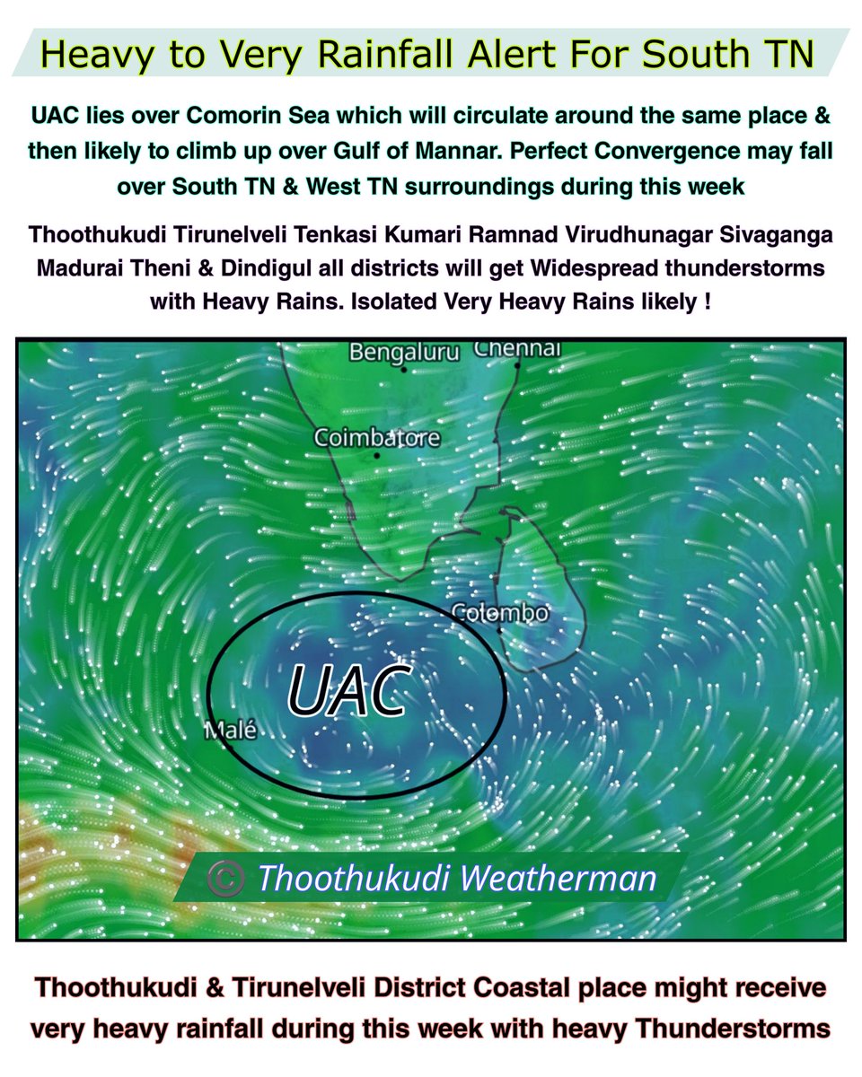Stormy Week ahead for Tamil Nadu !

Heavy to Very Heavy Rains with T-storms likely to occur over South TN, West & interrior TN. Tuty Tirunelveli Tenkasi Kumari will get dumping rains during this week. South Coastal parts getting ready for heavy Rains as well. #TutyRains