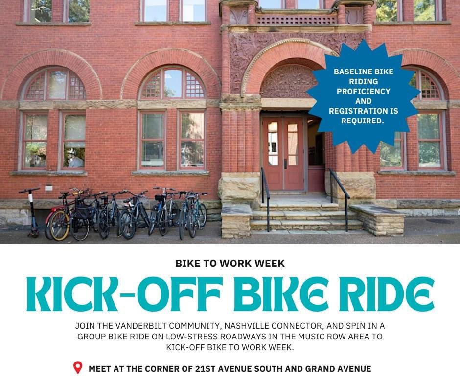 Bike to Work Week starts tomorrow‼️Join us to kick-off the week with the @VanderbiltU community, @FutureVUSustain and @ridespin for a group bike ride starting at the corner of 21st Avenue South & Grand Avenue. 

🚲 Register: eventbrite.com/e/bike-month-g…

#BikeMonth #BikeMonthNashville