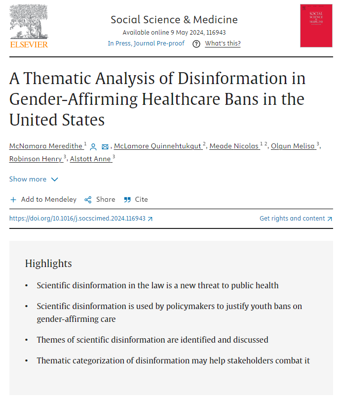 New paper carefully analyzes pervasive misinformation in legal filings supporting bans on gender-affirming care: sciencedirect.com/science/articl…