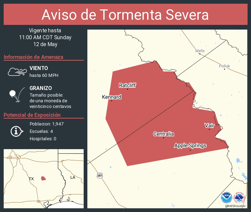 Aviso de Tormenta Severa incluye Kennard TX, Ratcliff TX, Centralia TX hasta las 11:00 AM CDT