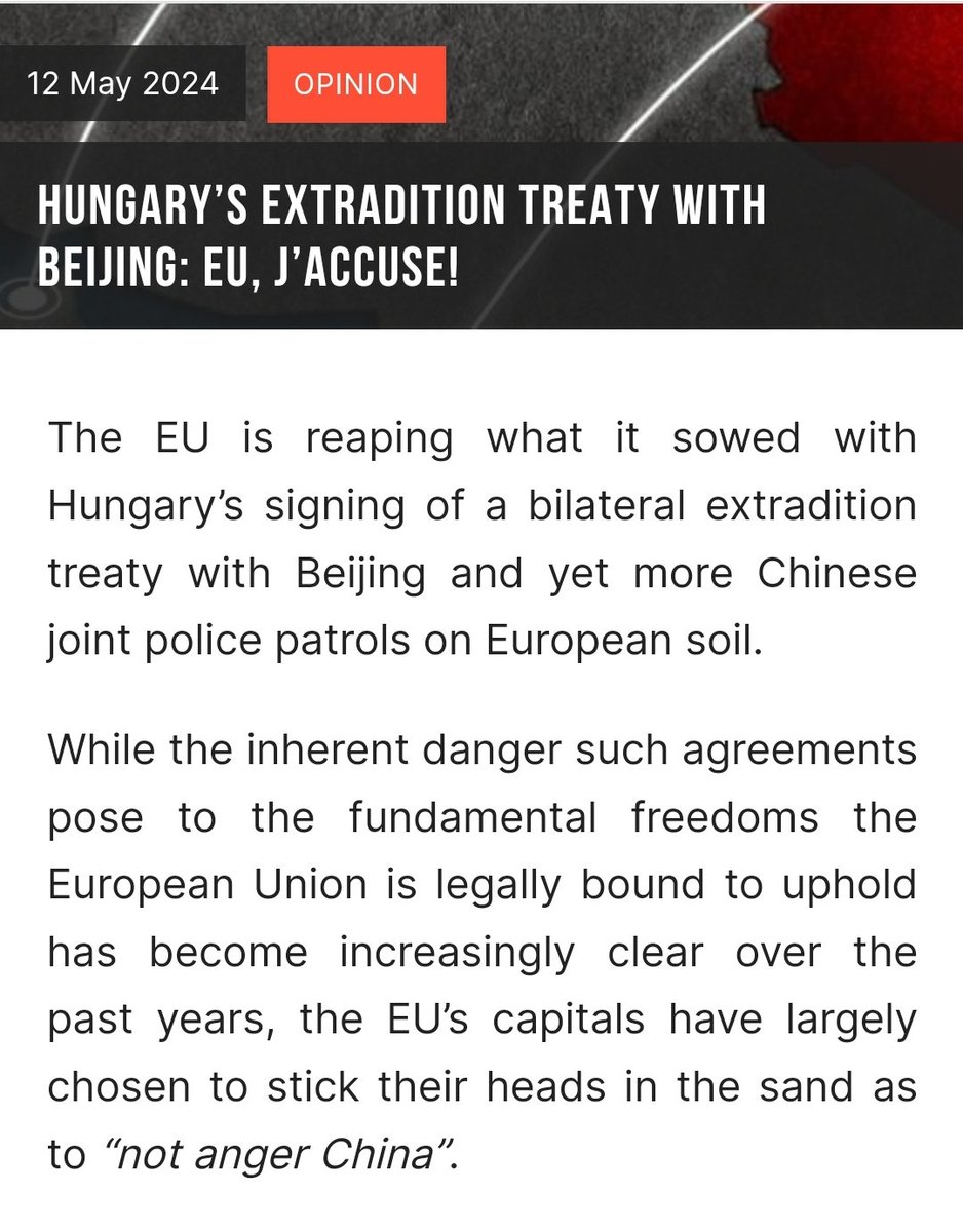 If you criticize China, don't go to Hungary. Orban just signed an agreement with China wherein Hungary will hand over anyone that China's government accuses of a 'crime' and now Chinese police will patrol Hungary's streets. Orban is selling the country to Russia, China and Iran