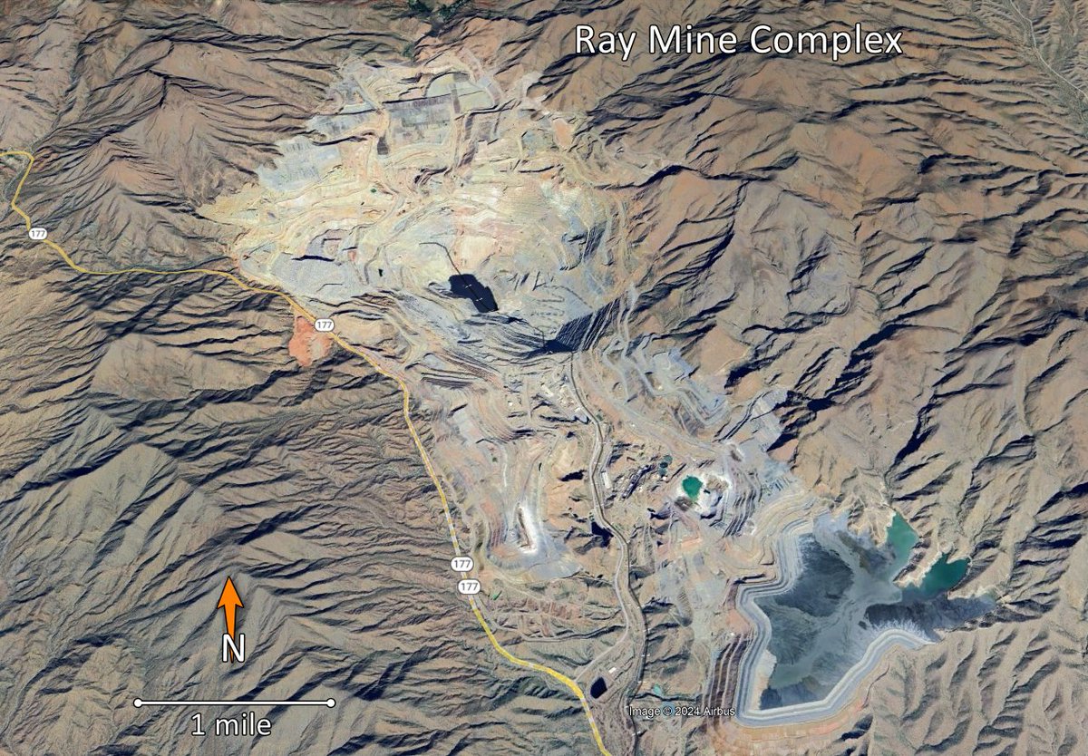 AZGeology's tweet photo. The  Ray porphyry #copper mine is sandwiched between Arizona's Granite Mountain  and the Dripping Spring Mountains. Discovered in  1881, the  current owner/operator is #ASARCO. Proven and probable reserves are  estimated at 835.7 million tonnes of ore grading 1.73% copper. https://t.co/LyBWGk1QhN