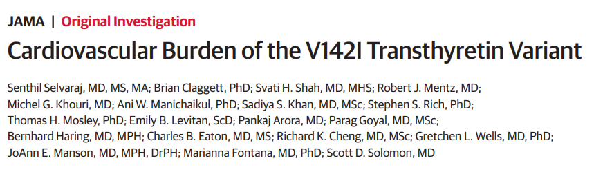 Presented at the HFA meeting and simultaneous publication in @JAMA. In this study of 4 large cohorts (ARIC, MESA, REGARDS, WHI) pooling >23,000 self-reported Black participants, the prevalence of the V142I variant was 3.2%. jamanetwork.com/journals/jama/…