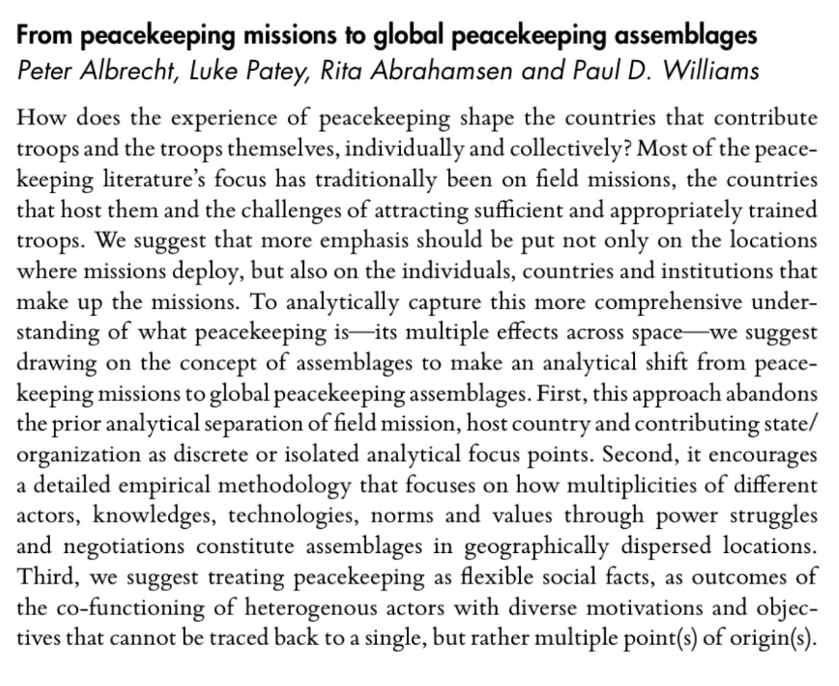 Rethinking peacekeeping impacts: our latest research in @IAJournal_CH shifts focus from mission outcomes to emphasizing that peacekeeping equally reshapes the troop-contributors (and how it happens), from individual soldiers to military orgs. #OpenAccess shorturl.at/ckqAJ