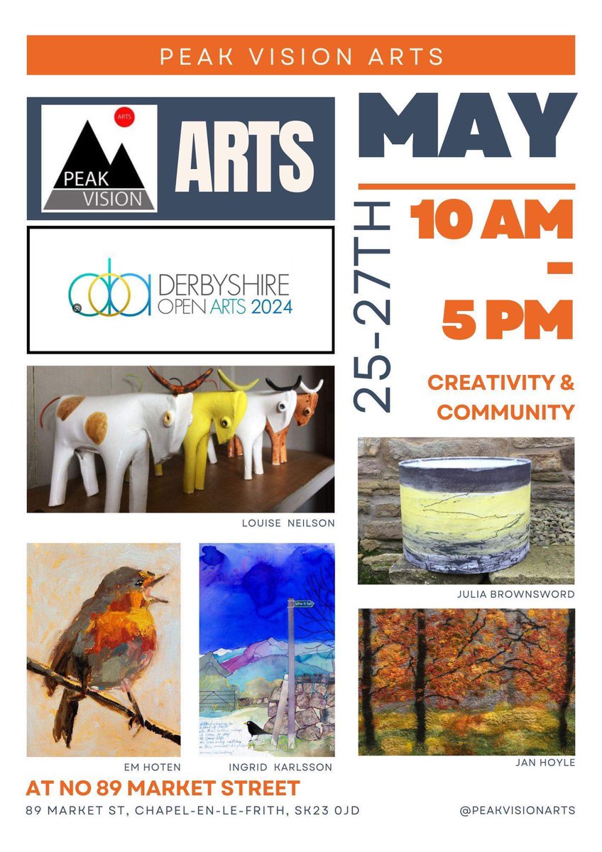 Our group Peak Vision Arts are in the starting blocks now for our Derbyshire Open Arts event in our home town of Chapel en le Frith. You will find us Saturday 25th, Sunday 26th, Monday 27th Mayat no 89 Market Strert with lots of diverse new work and a café on the premises. ☕️