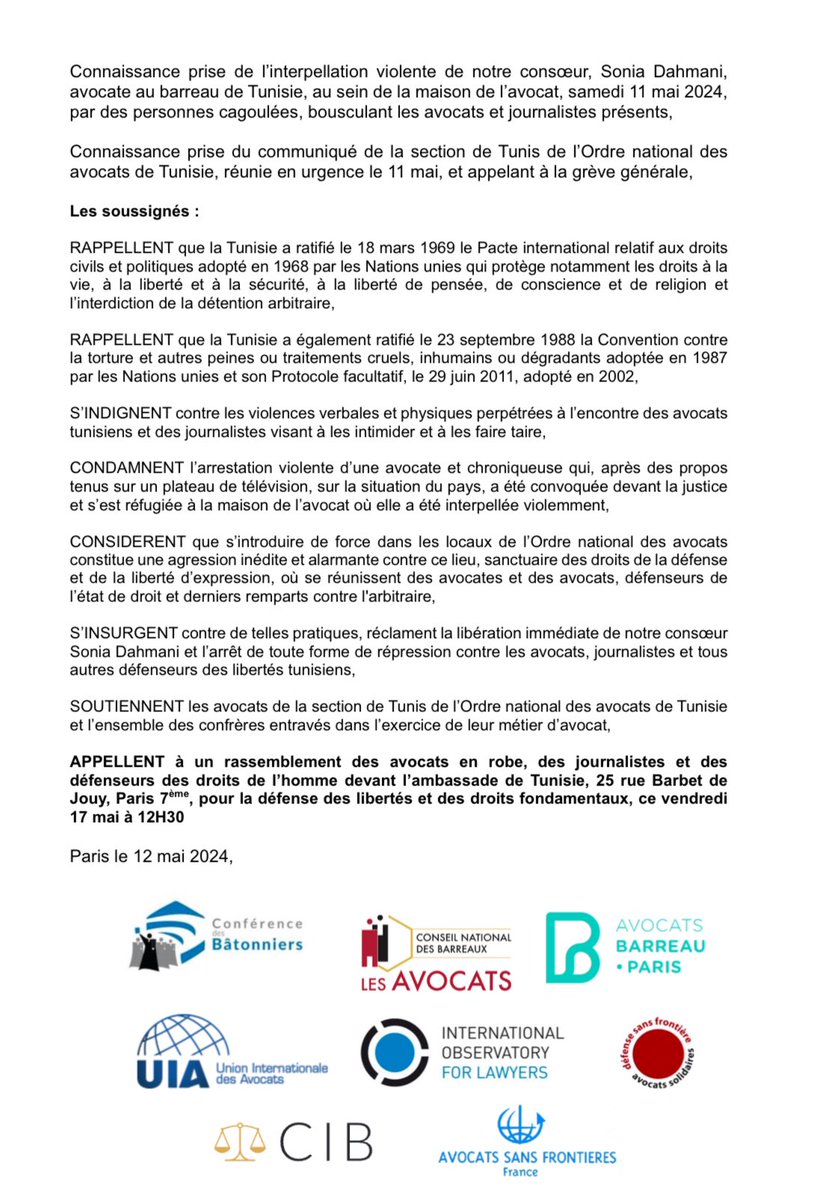 #Tunisie : Nous condamnons fermement l'interpellation violente de l'avocate Sonia Dahmani et la répression contre les avocats et journalistes en Tunisie. Rejoignez-nous le 17 mai à 12h30 devant l'ambassade de Tunisie à Paris pour défendre les libertés et les droits fondamentaux.