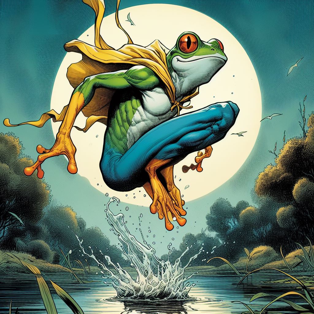 They call him Super Frog;
Protector of the swamp.
He leaps from log to log;
Looking for bugs to chomp.
Victim of any crimes;
Just shout ribbit three times!

[#poetry by me/#art created with #ai]

[#flashfiction/#microfiction/#micropoetry/#aiart/#aiartwork/#writing/#comics/#poem]