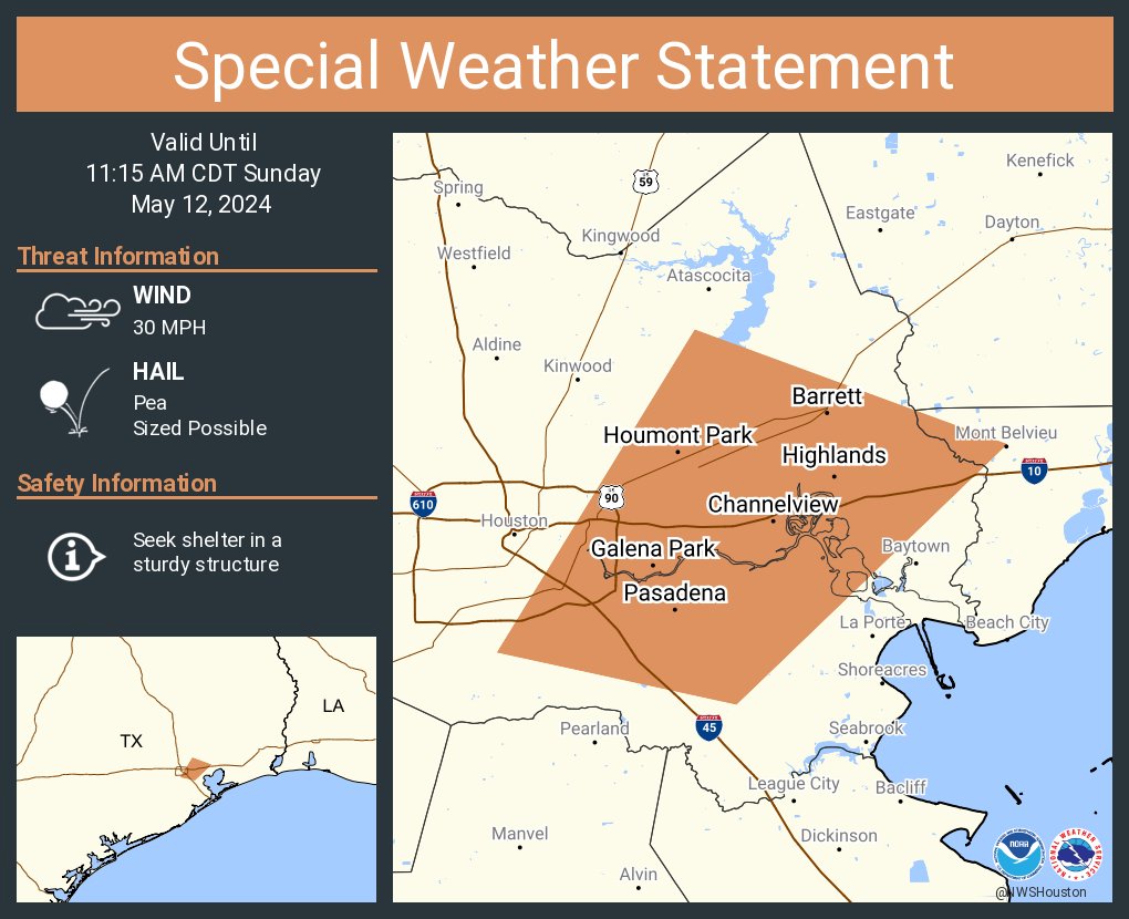 A special weather statement has been issued for Pasadena TX, Channelview TX and Deer Park TX until 11:15 AM CDT