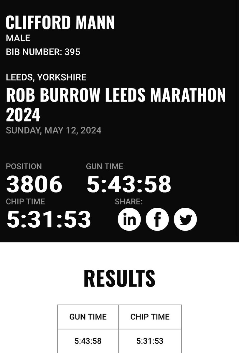 I estimated I’d do 5:30 (a PW 😂) given my horrible lurgy interrupted training plan …. So 5:32 on a hilly course in the blistering heat feels like a win 🥇 …. What an amazing route & great crowds.

#robburrowleedsmarathon #leedsmarathon #runforrob #runforall