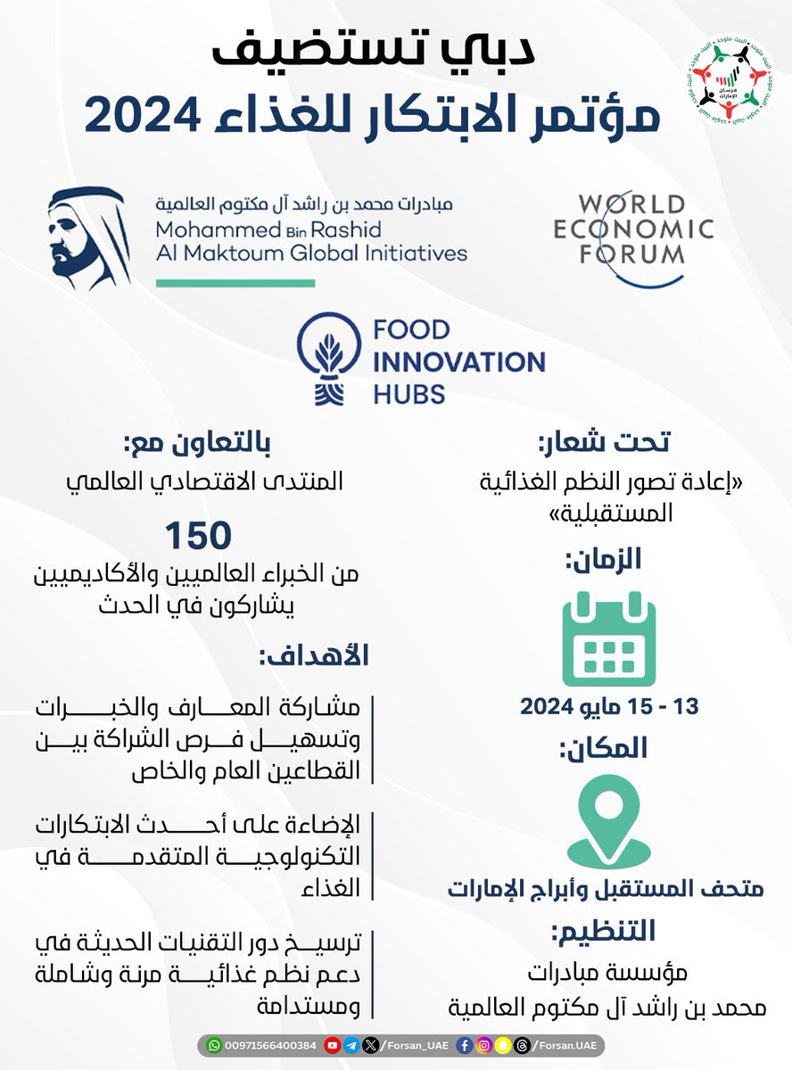 #دبي تستضيف #مؤتمر_الابتكار_للغذاء 2024 تحت شعار 'إعادة تصور النظم الغذائية المستقبلية'، بمشاركة 150 من الخبراء العالميين والأكاديميين، بهدف تسليط الضوء على أفضل الممارسات والدراسات العالمية في مجال الغذاء