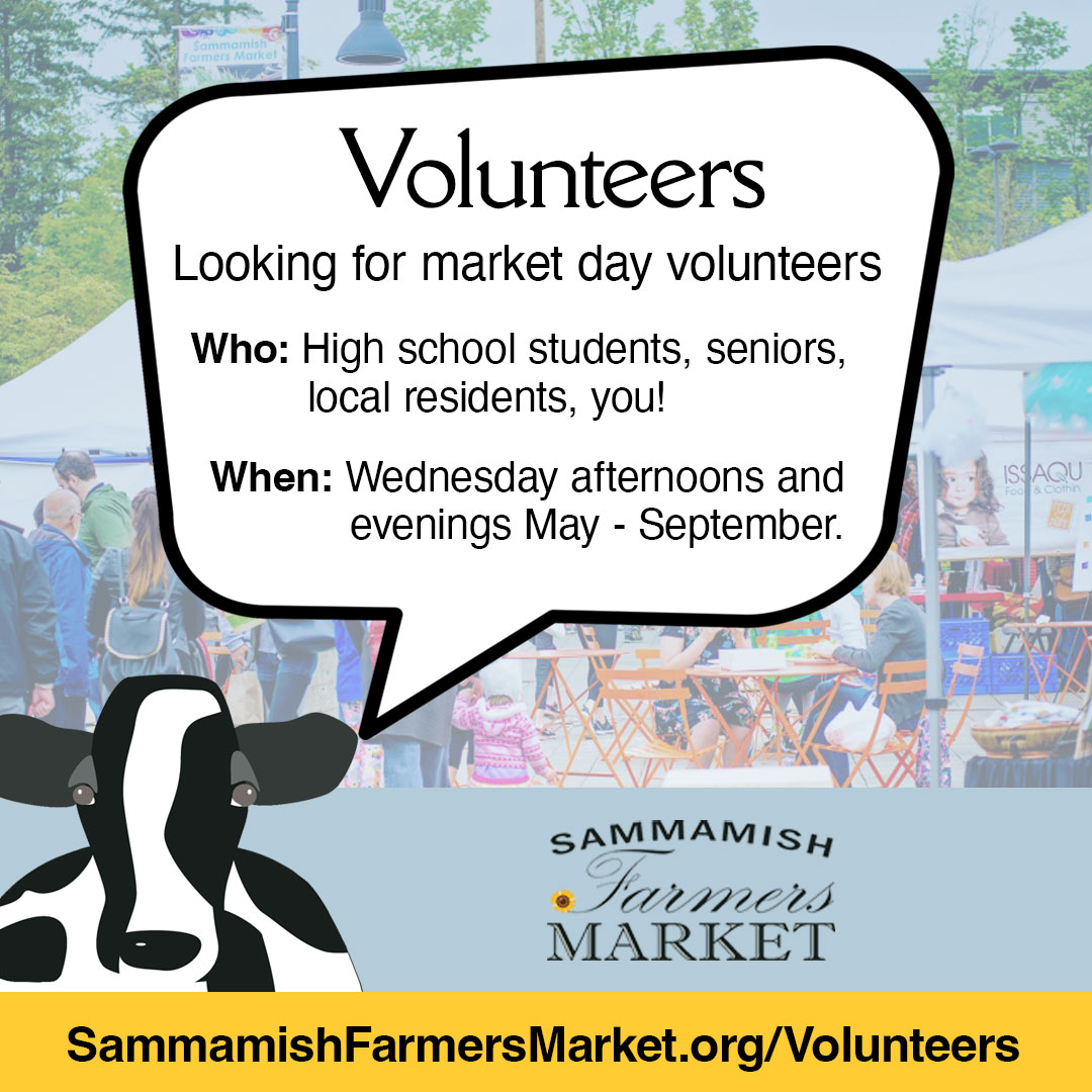 We're looking for volunteers for the upcoming #SammamishFarmersMarket season. Learn more on our website: sammamishfarmersmarket.org/volunteers. #SammamishLife #Volunteering #FarmersMarket