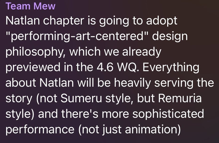 /leaks natlan's archon quest might be more performing art centered, which means it'll be heavily focused on the storytelling and immersion, from the description it sounds nice like i actually prefer it that way, haven't really played remuria but I'm pretty psyched