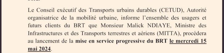 Amadou Ba donne le départ du lancement le 28 décembre 2023 Macky Sall inaugure le BRT le 14 janvier 2024. Malick Ndiaye procédera au lancement de la mise en service progressive le 15 mai 2024. Ben dóom, ñéeti ngente @Sunubrtofficiel