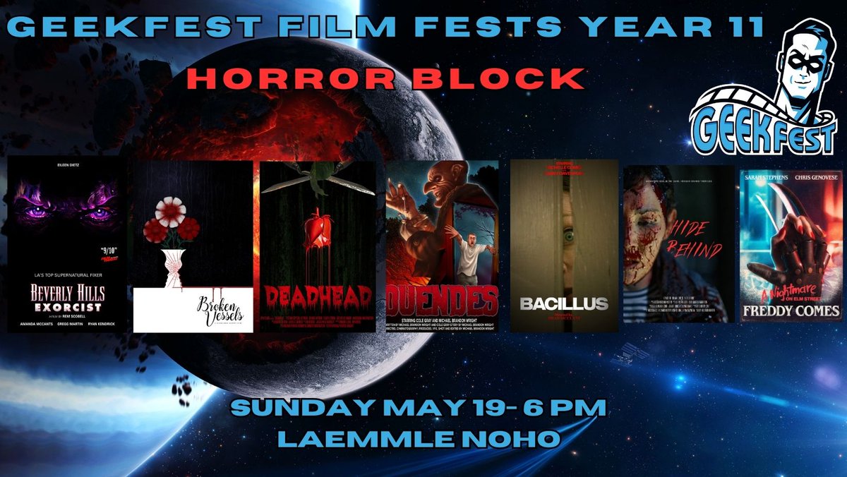 Don't miss the first ever standalone @GeekFilmFests #ComicCon #FilmFestival TONIGHT @noho7 Get your tickets NOW! GeekfestFilmFest.eventbrite.com #scifi #horror #fantasy #fanfilms