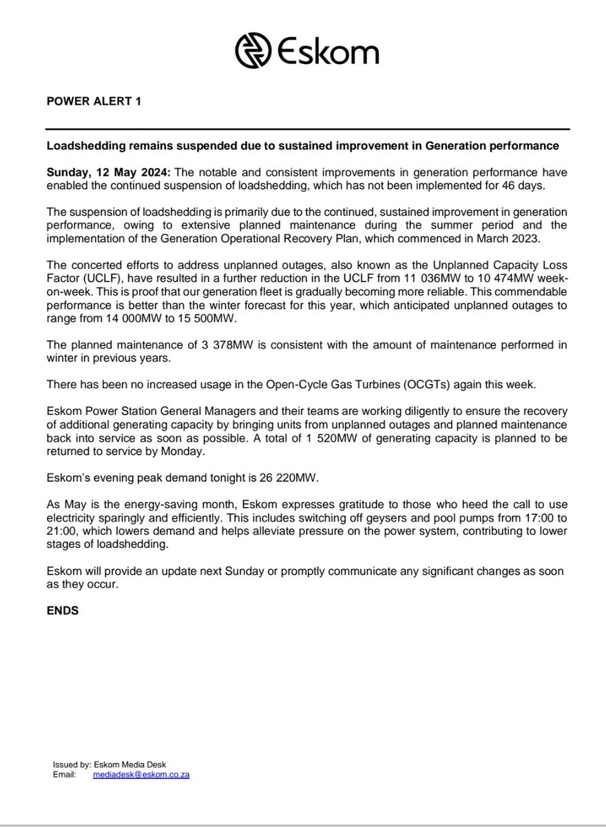 #Sunday, 12 May 2024
#PowerAlert1 
'Loadshedding remains suspended due to sustained improvement in Generation performance.'