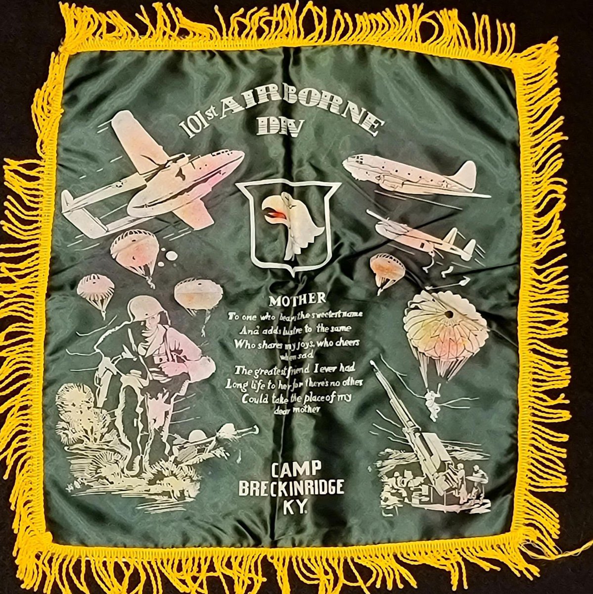Happy Mother’s Day! The poem on this WWII pillow case, which belonged to a Soldier in the 506th Parachute Infantry Regiment, 101st Airborne Division, says it best. It currently resides in the ASOM’s collection. #mothersday #history #airborne