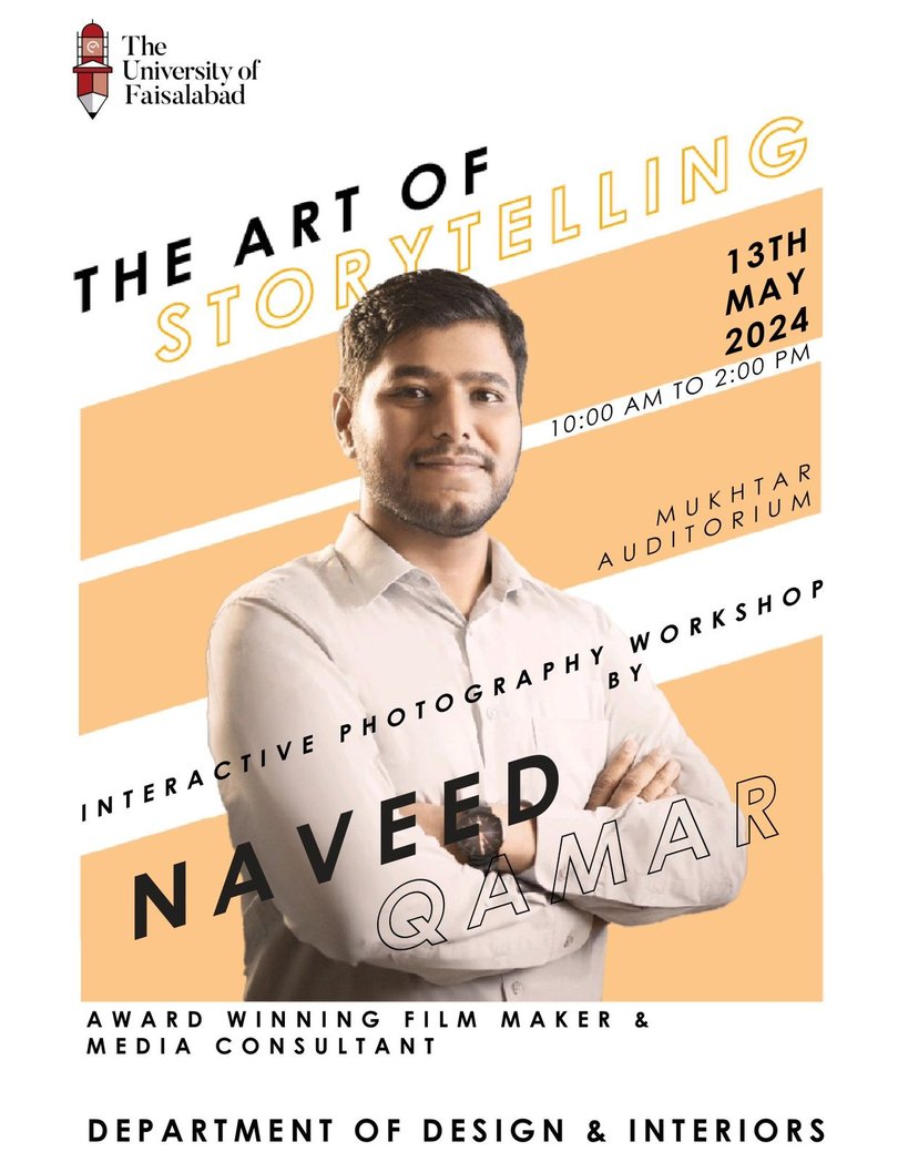 Excited to conduct workshop tomorrow at The University of Faisalabad , where i'll dive into the art of storytelling for narrative building using photography and filmmaking as a tool for development.

#InteractiveWorkshop #filmmaking #DigitalMedia