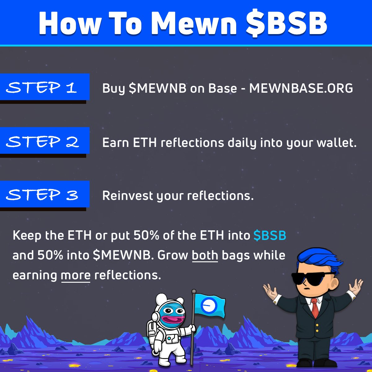 Hey Based Street Bets holders and lovers of @base. We are doing our part to help onboard one billion people onchain and we support all Base projects. We’re MewnBase. Our contract is renounced, liquidity is burned, and we’re audited. We provide daily ETH “Reflections” for