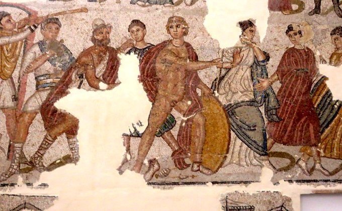 Mosaic of Achilles from the ancient city of Tipasa, Algeria. Detail showing Ulysses (with the 'pileus', a felt cap) and Achilles, naked, 2nd century AD; on display at the National Museum of Antiquities, Algiers, Algeria. 

#Algeria #Numidia #MosaicMonday