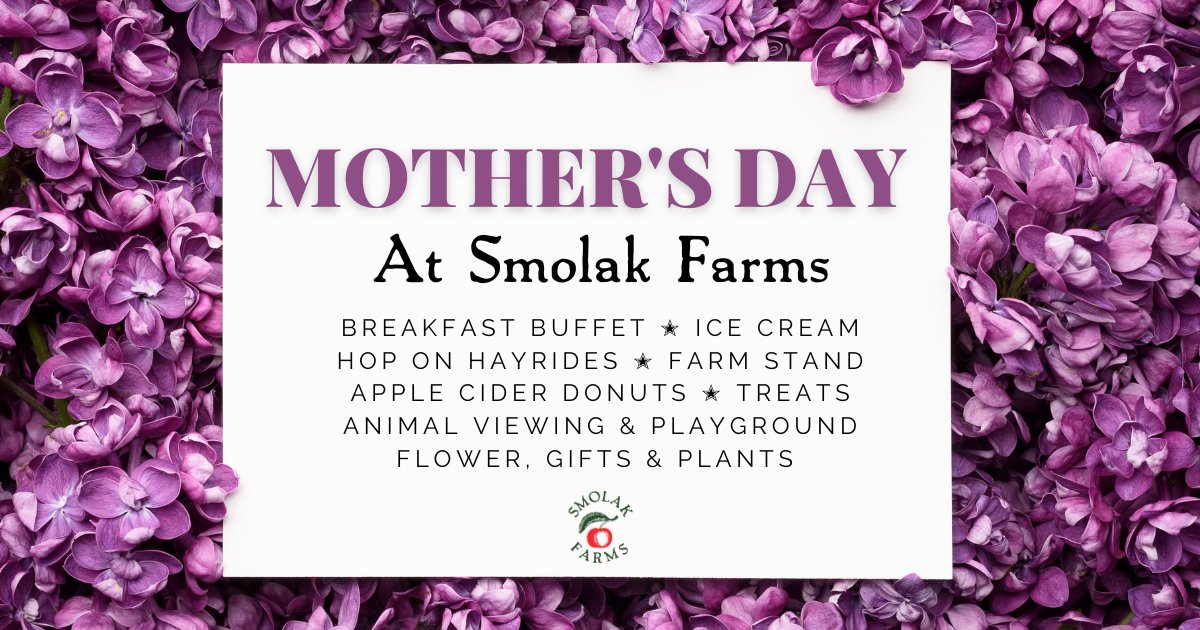 Celebrate Mother’s Day at the Farm! 🌻💜

✭ Farm Experiences ✭
🥧 7am – 6pm – Farm Stand Open
🐐 7am – 6pm – Animal Playground Open
🚜 10am – 2pm – Hop On Hayrides
🥞 10:30am – 11:30am – Breakfast Buffet **
🍦 11am – 6pm – Ice Cream Stand Open

** Walks ins are welcome!