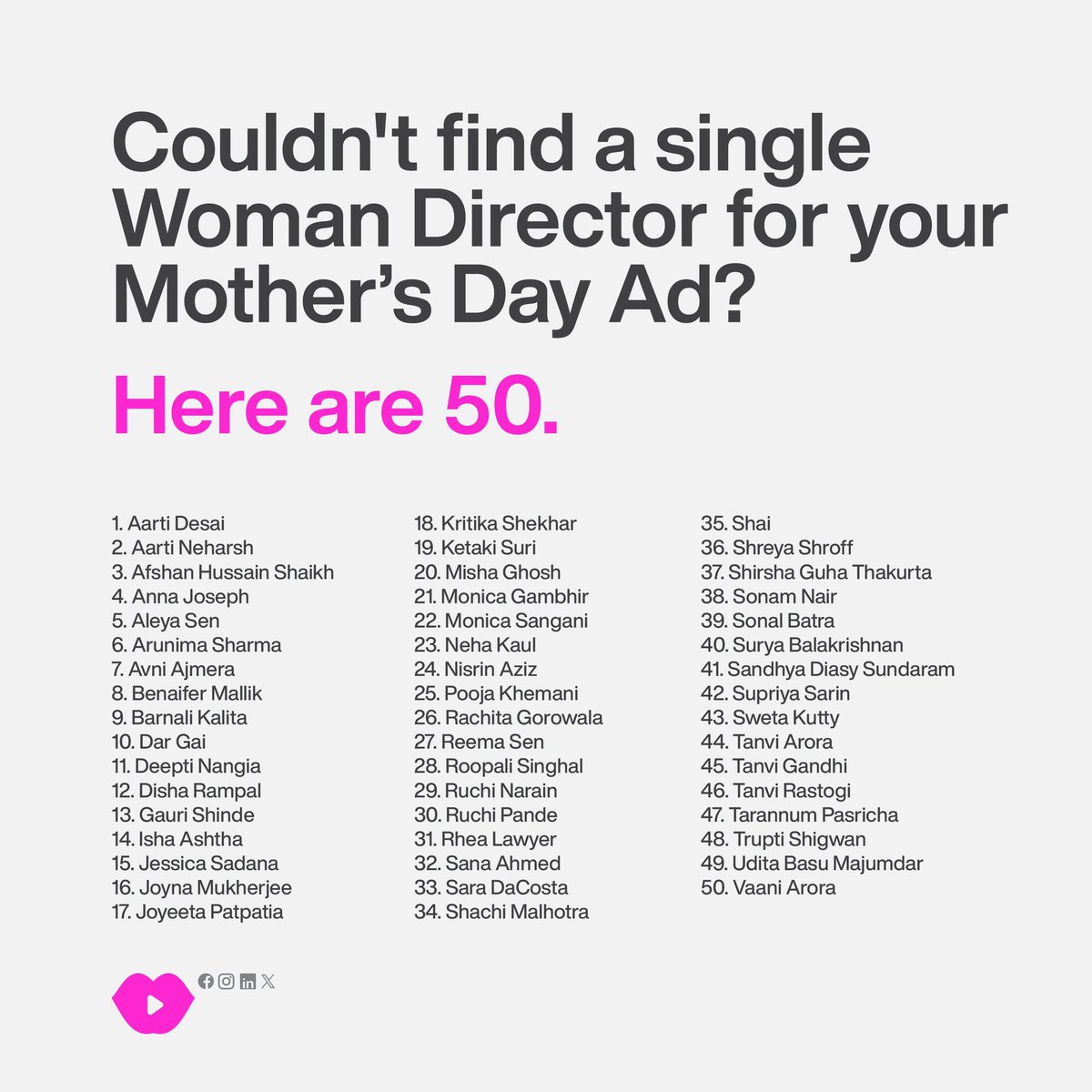 👩‍💼 Yo, all this talk about #womenpower , but where the action at? 💁‍♀️ Our feeds stuffed with ads for #MothersDay , but how many directed by women? 🎬 To those saying there ain’t enough, here’s a list. No excuses now. Make your momma proud! 🙌 #freethework @cindygallop @Almaharel