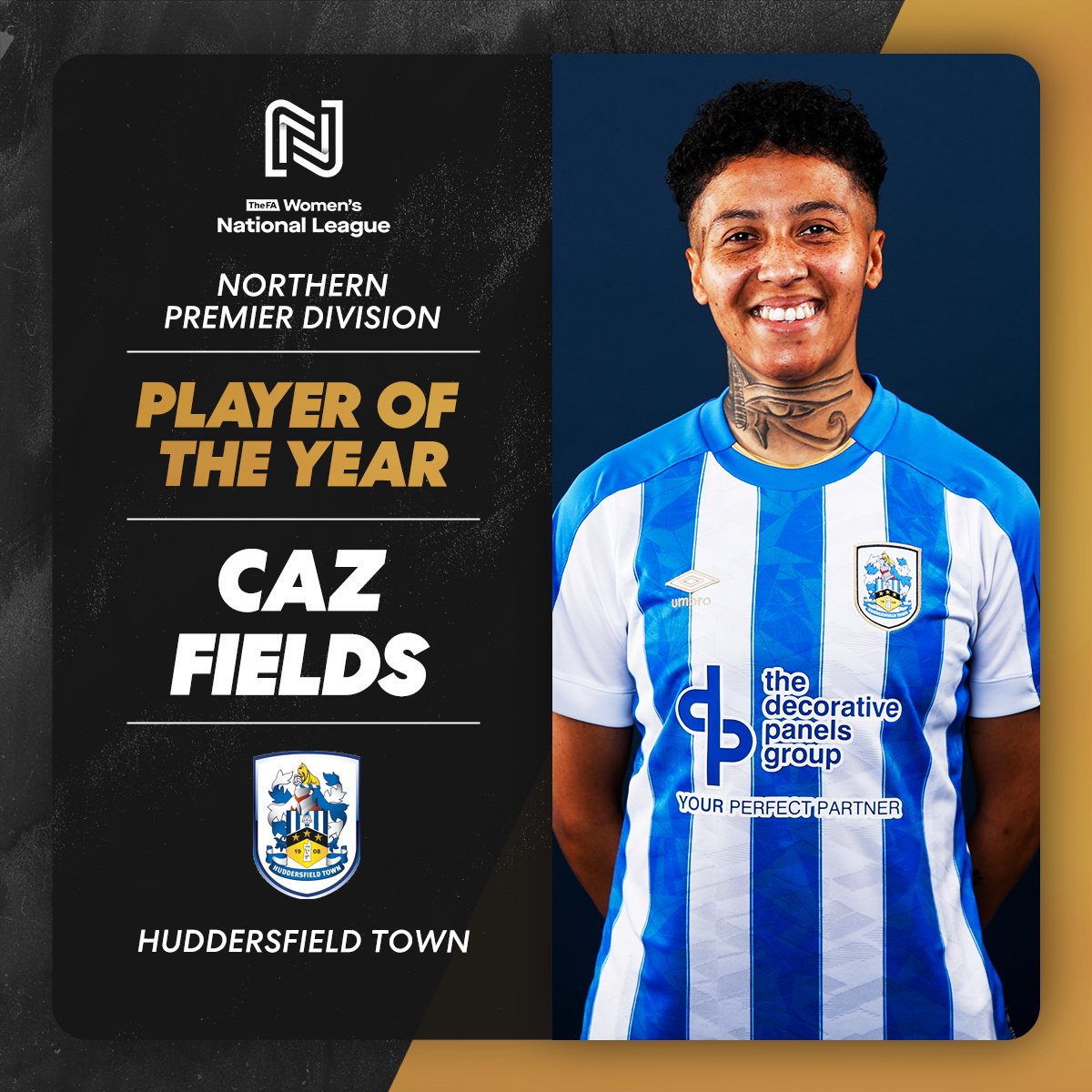 Northern Premier Division Player of the Year 🏆 Caz Fields – Huddersfield Town #FAWNLAwards | @CazSimone6 | @HTAFCWomen