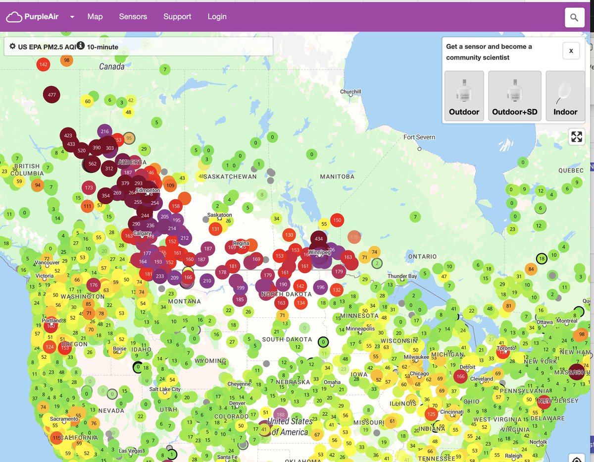 Checked out the PurpleAir air quality map. Any guesses where the #wildfires are?