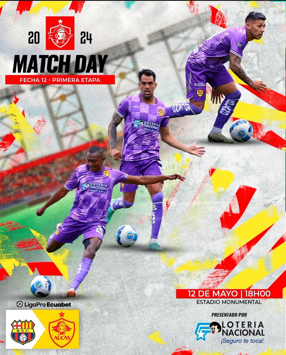 Hoy juega #SDAucas. 🟡🔴 🆚 ##BarcelonaSC ⌚ 18h00 📌 Guayaquil 🏟️ Estadio Monumental #VamosTodosUnidos #GarraYCorazón #Aucas2024