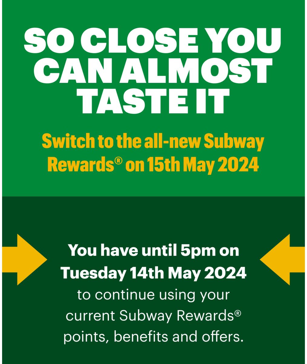 Hot tip: If you have collected enough Subway points for a freebie, they will expire at 5pm on Tuesday 14 May when they switch over to a new rewards system. Seems a shame to waste it if you have a reward pending. (Order at the till not the touchscreen. 5 mins I won't get back.)