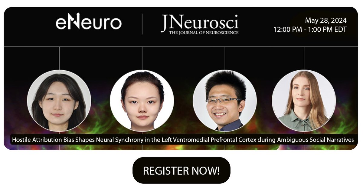Friedman Brain Institute (@sinaibrain) on Twitter photo Join <a href="/NeuronlineSfN/">Neuronline 🧠🔬</a> as <a href="/LouisaLyu1/">Louisa Lyu</a> <a href="/Zishan__Su/">Zishan Su</a> & <a href="/YuanChangLeong/">Yuan Chang Leong</a> discuss their paper, “Hostile Attribution Bias Shapes Neural Synchrony in the Left Ventromedial Prefrontal Cortex during Ambiguous Social Narratives”, w/ #JNeurosci's Editor Daniela Schiller👉neuronline.sfn.org/scientific-res… Join <a href="/NeuronlineSfN/">Neuronline 🧠🔬</a> as <a href="/LouisaLyu1/">Louisa Lyu</a> <a href="/Zishan__Su/">Zishan Su</a> & <a href="/YuanChangLeong/">Yuan Chang Leong</a> discuss their paper, “Hostile Attribution Bias Shapes Neural Synchrony in the Left Ventromedial Prefrontal Cortex during Ambiguous Social Narratives”, w/ #JNeurosci's Editor Daniela Schiller👉neuronline.sfn.org/scientific-res…