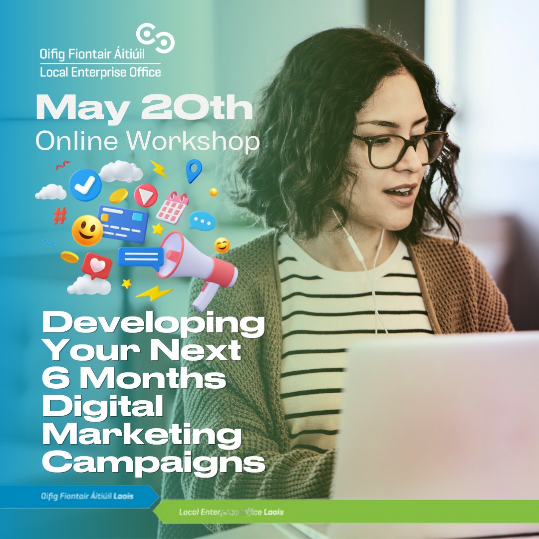 Attention #Laois Small Business Owners! Just 3 spots left in our Workshop, 'Build your Digital Marketing plan for the next 6 mths.' Find skills, tools & knowledge to develop a clear, actionable #digitalmarketing campaign. 📅 May 20 ⏰ 2-5PM 🔗 Book at bit.ly/LaoisDMMay20