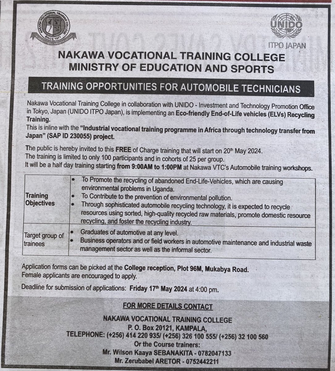 FREE of Charge Training for 100 Automobile Technicians at Nakawa Vocational Training College in partnership with UNIDO ITPO Japan.

Retweet to share widely