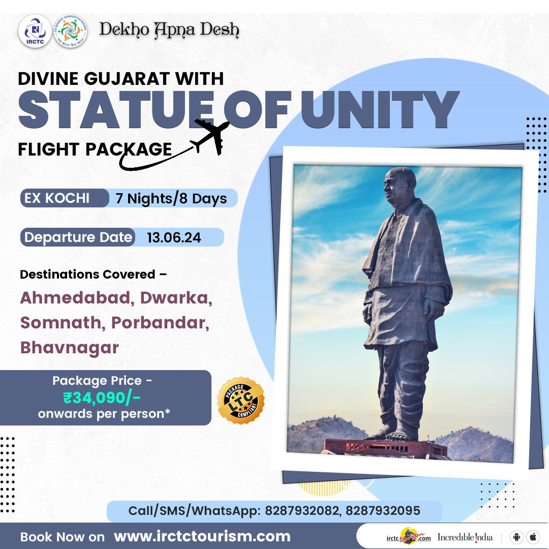 Discover Divine Gujarat with Statue of Unity - Flight Package from Kochi! Embark on a spiritual journey through the vibrant state of Gujarat, exploring its rich heritage and divine sanctuaries, including the iconic Statue of Unity. Departure Date: 13.06.24 Duration: 7 Nights /…