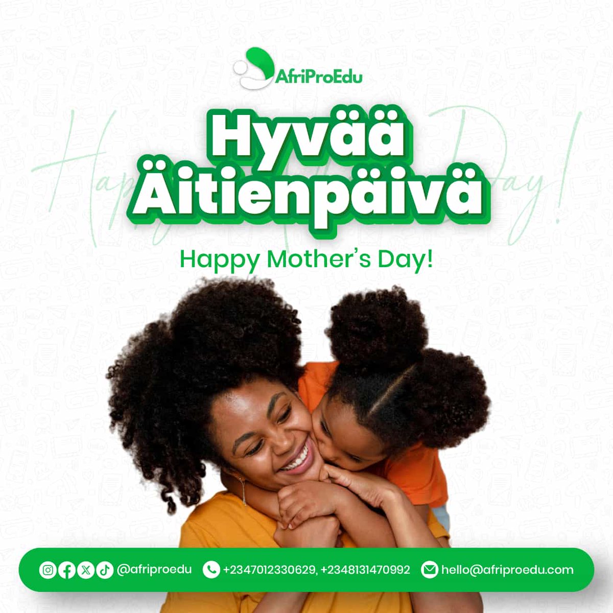 afriproedu's tweet image. 𝙷𝙰𝙿𝙿𝚈 𝙼𝙾𝚃𝙷𝙴𝚁’𝚂 𝙳𝙰𝚈
Mother in Finnish is Äiti 😍
In Finland, families come together to celebrate Mother's Day on the second Sunday of each year.
#MothersDay
#studyabroadstudents
#isepstudyabroad
#studyabroadspain
#studyabroadaustralia
#studyabroadfair
#mother