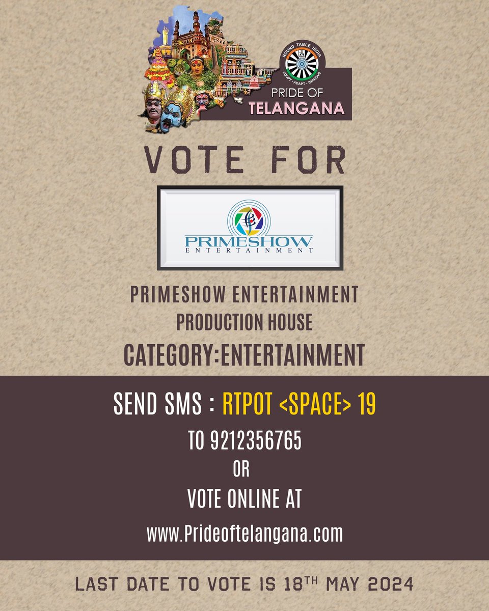 Absolutely honored to be nominated for the 'Pride of Telangana Awards 2024' in Entertainment category 💥 Your vote could make all the difference ✨ To Vote for #PrimeshowEntertainment Click on the link below 👇🏻 - prideoftelangana.com/show-candidate… Go to the Entertainment category, find…