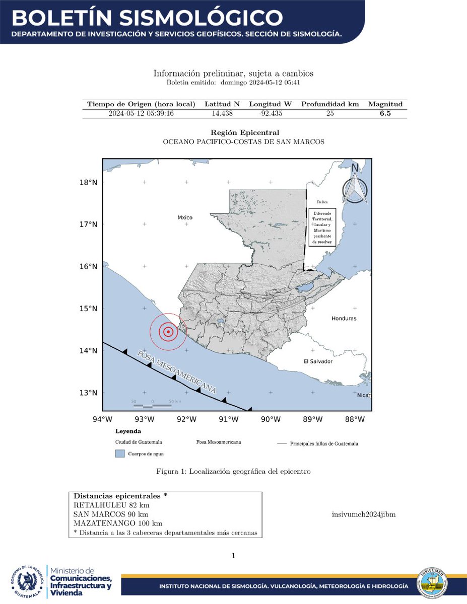 #HLEnBreve Sismo sensible en el territorio guatemalteco. De forma preliminar, el Insivumeh estableció que el movimiento telúrico fue de 6.5 grados, con epicentro en el Pacifico, frente a las costas de San Marcos. 📷INSIVUMEH