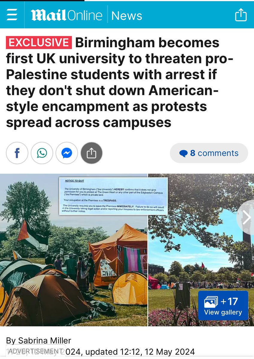 Birmingham becomes first UK university to threaten pro-Palestine students with arrest if they don't shut down American-style encampment as protests spread across campuses